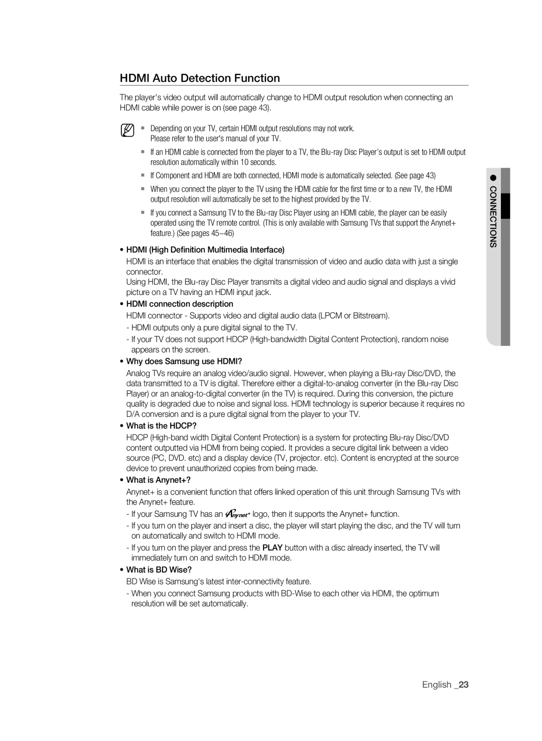 Samsung BD-P1600A/XEU, BD-P1600A/EDC, BD-P1600A/XEF manual Hdmi Auto Detection Function, What is the HDCP?, SN IO Ectnnco 