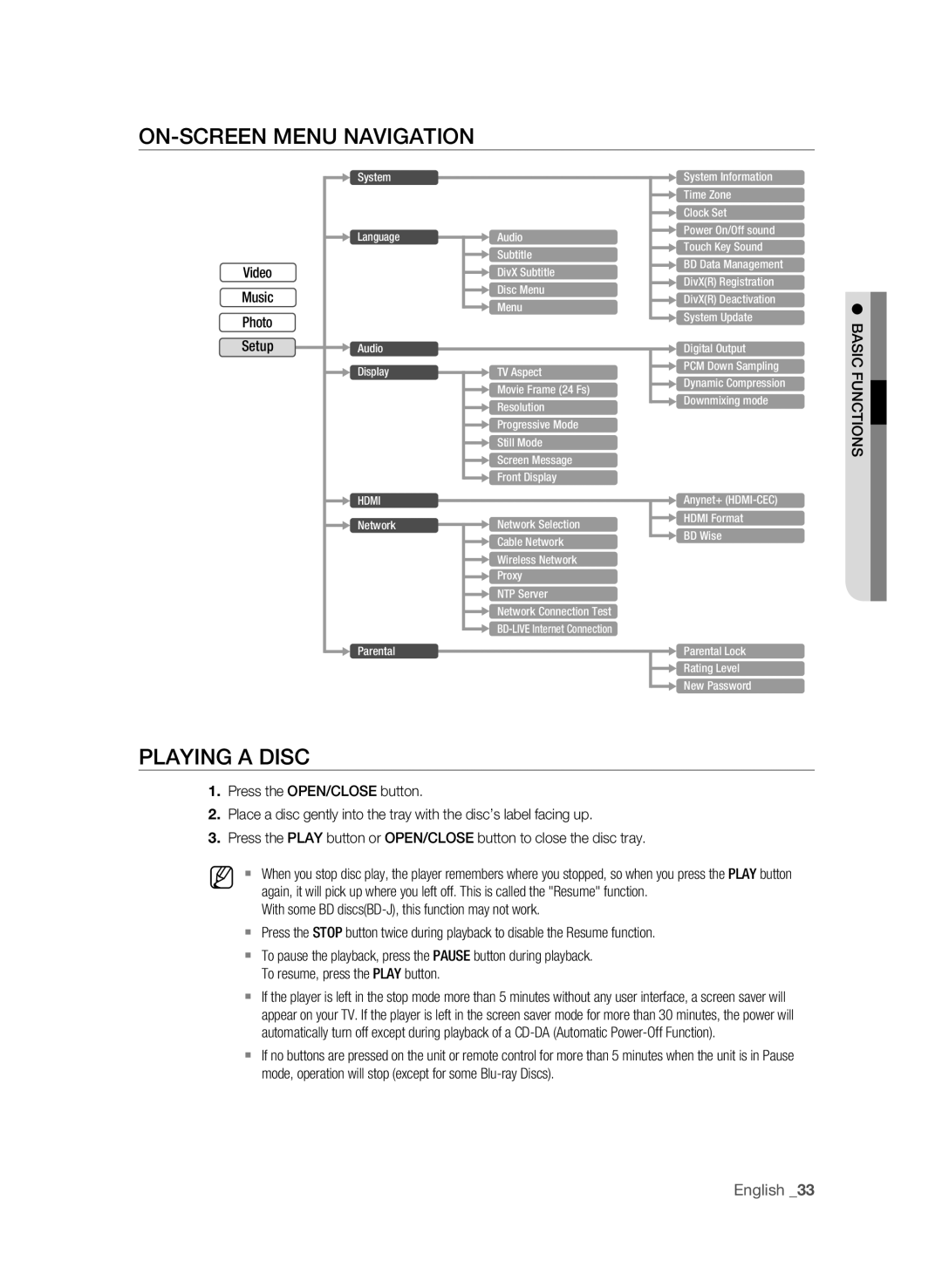 Samsung BD-P1650A/XEE, BD-P1600A/EDC, BD-P1600A/XEF manual On-Screen Menu Navigation, Playing a Disc, SN IO CTN IC Safub 