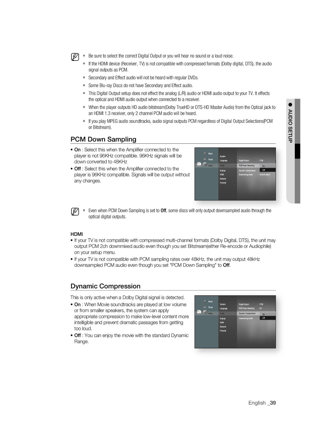 Samsung BD-P1650A/XEE, BD-P1600A/EDC, BD-P1600A/XEF, BD-P1600A/XEC, BD-P1600A/XEE manual PCM Down Sampling, Dynamic Compression 