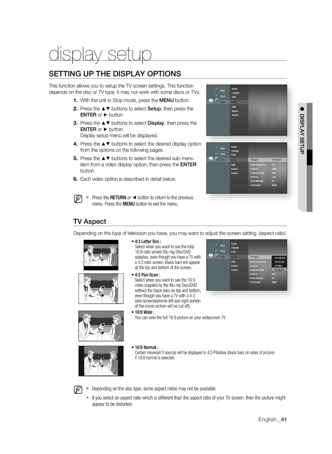 Samsung BD-P1600A/XEU, BD-P1600A/EDC, BD-P1600A/XEF Display setup, SETTing UP the DiSPLaY OPTiOnS, TV aspect, English 1 