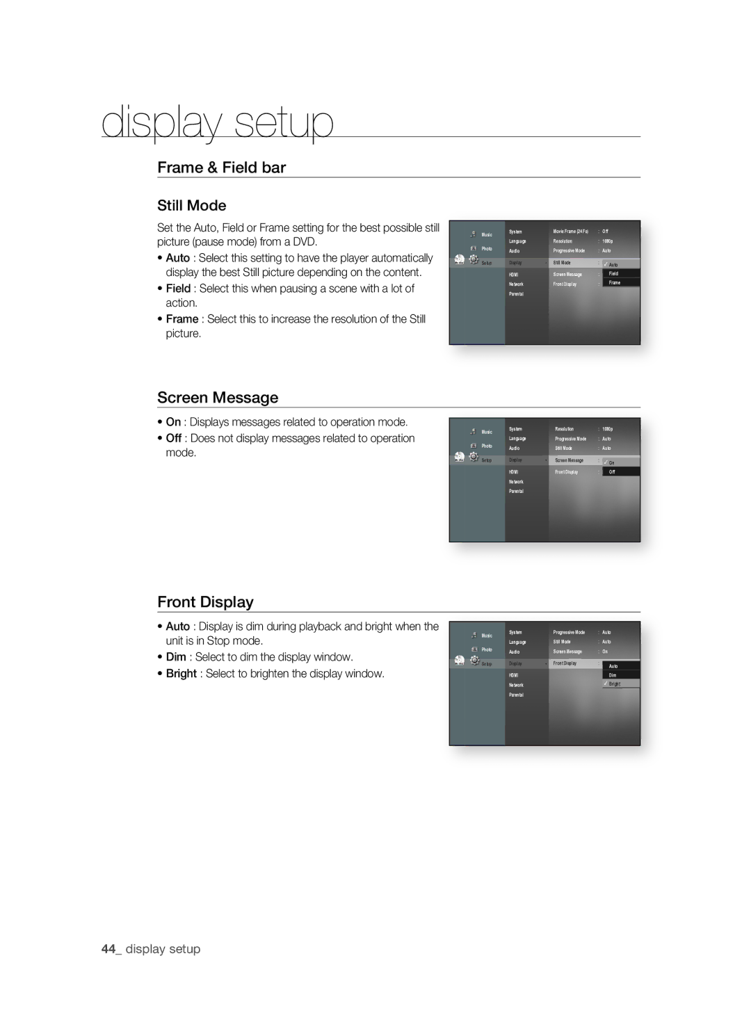 Samsung BD-P1600A/XEC, BD-P1600A/EDC manual Frame & Field bar Still Mode, Screen Message, Front Display,  display setup 