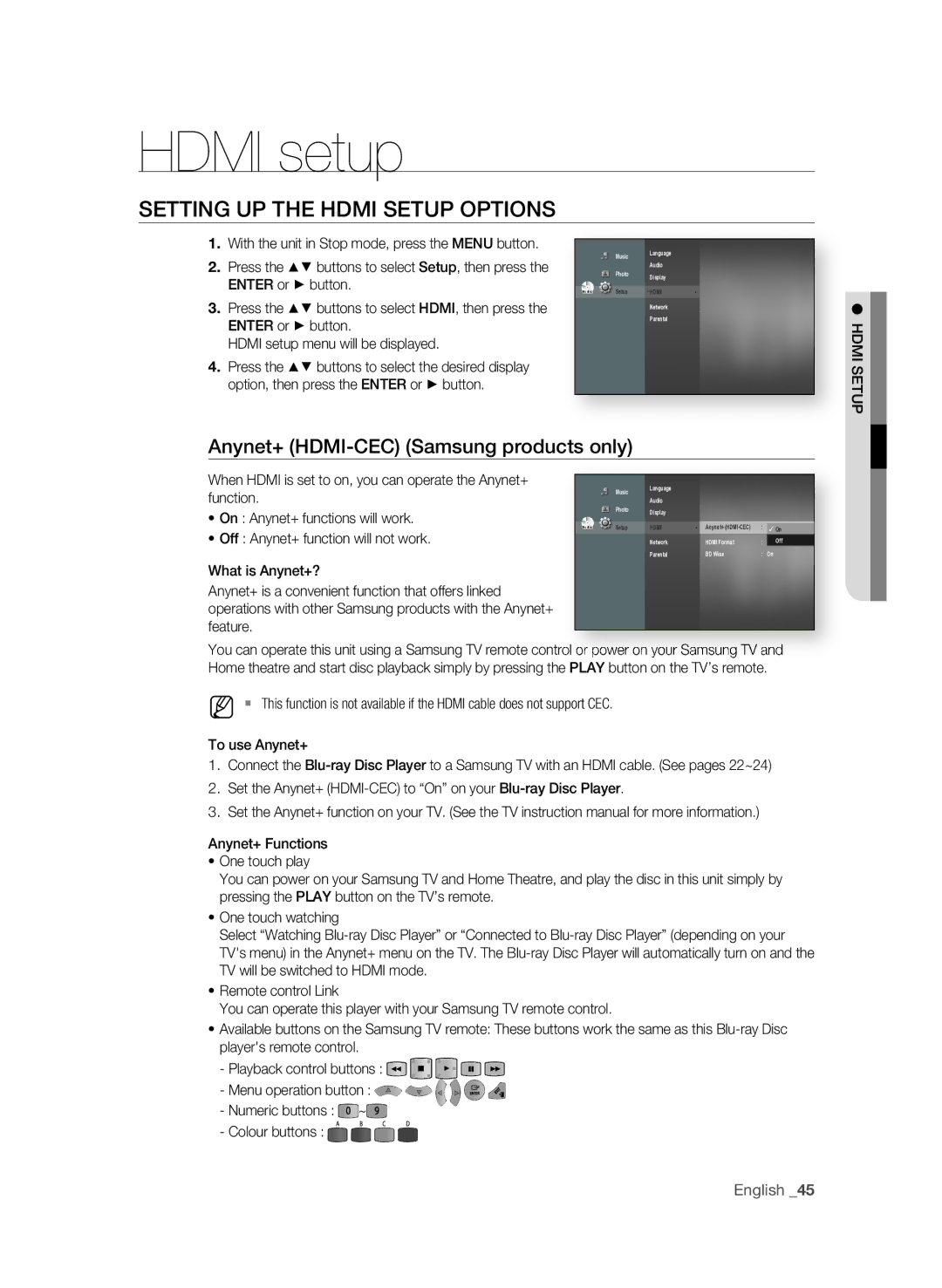 Samsung BD-P1650A/XEE Hdmi setup, SETTing UP the HDMi Setup OPTiOnS, Anynet+ HDMi-CEC Samsung products only, English  