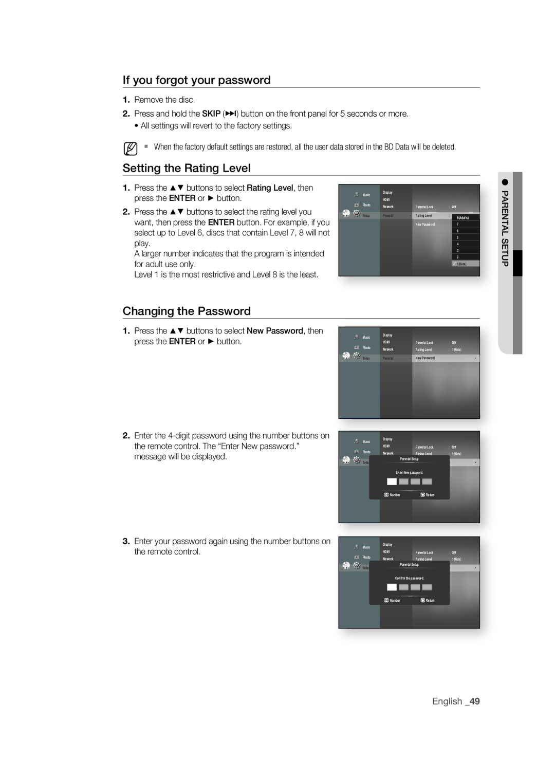 Samsung BD-P1600A/XEF, BD-P1600A/EDC, BD-P1600A/XEC, BD-P1650A/XEE If you forgot your password, Setting the rating Level 