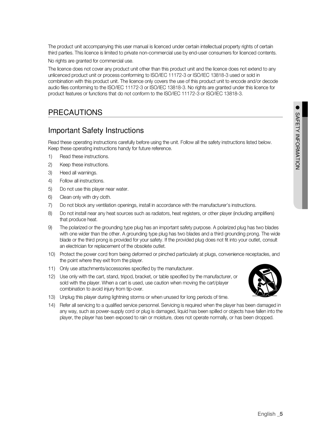 Samsung BD-P1600A/XEU manual Precautions Important Safety Instructions, English , No rights are granted for commercial use 