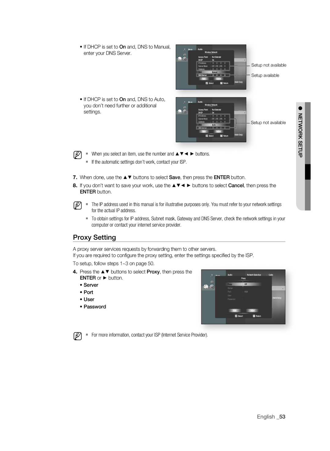 Samsung BD-P1600A/XEU, BD-P1600A/EDC, BD-P1600A/XEF, BD-P1600A/XEC, BD-P1650A/XEE Proxy Setting, Server, Port, User, Password 