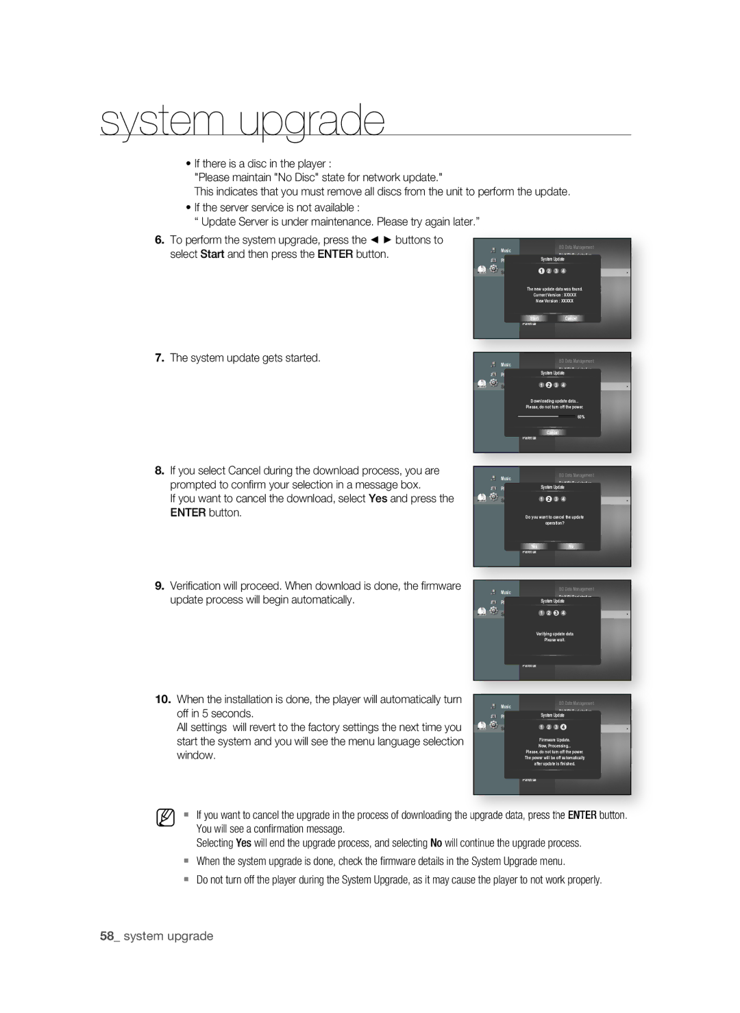 Samsung BD-P1600A/XEE, BD-P1600A/EDC, BD-P1600A/XEF  system upgrade, . The system update gets started, Off in 5 seconds 