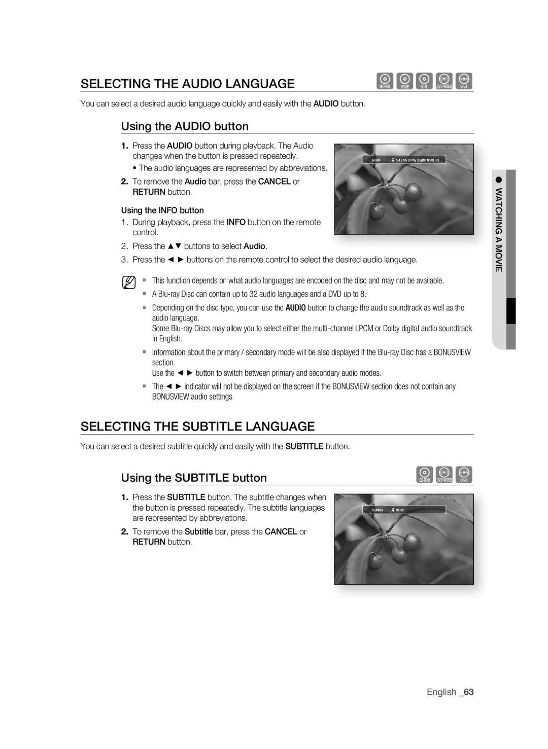 Samsung BD-P1650A/XEE, BD-P1600A/EDC SELECTing the aUDiO LangUagE, SELECTing the SUBTiTLE LangUagE, Using the aUDiO button 