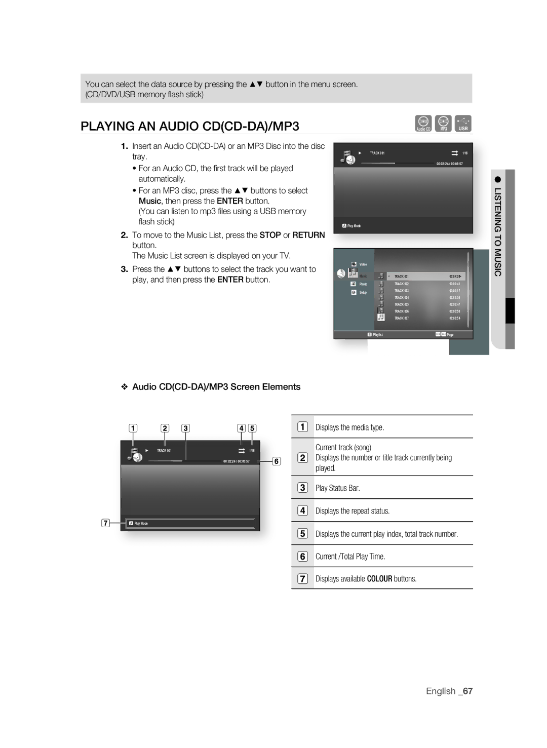 Samsung BD-P1600A/XEF, BD-P1600A/EDC, BD-P1600A/XEC, BD-P1650A/XEE manual PLaYing an aUDiO CDCD-Da/MP3, LiSTEning to MUSiC 