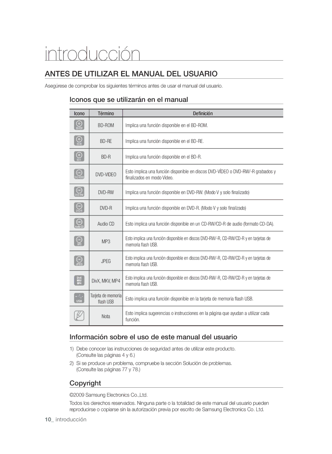 Samsung BD-P1600A/XEF Introducción, Antes de utilizar el Manual del usuario, Iconos que se utilizarán en el manual 