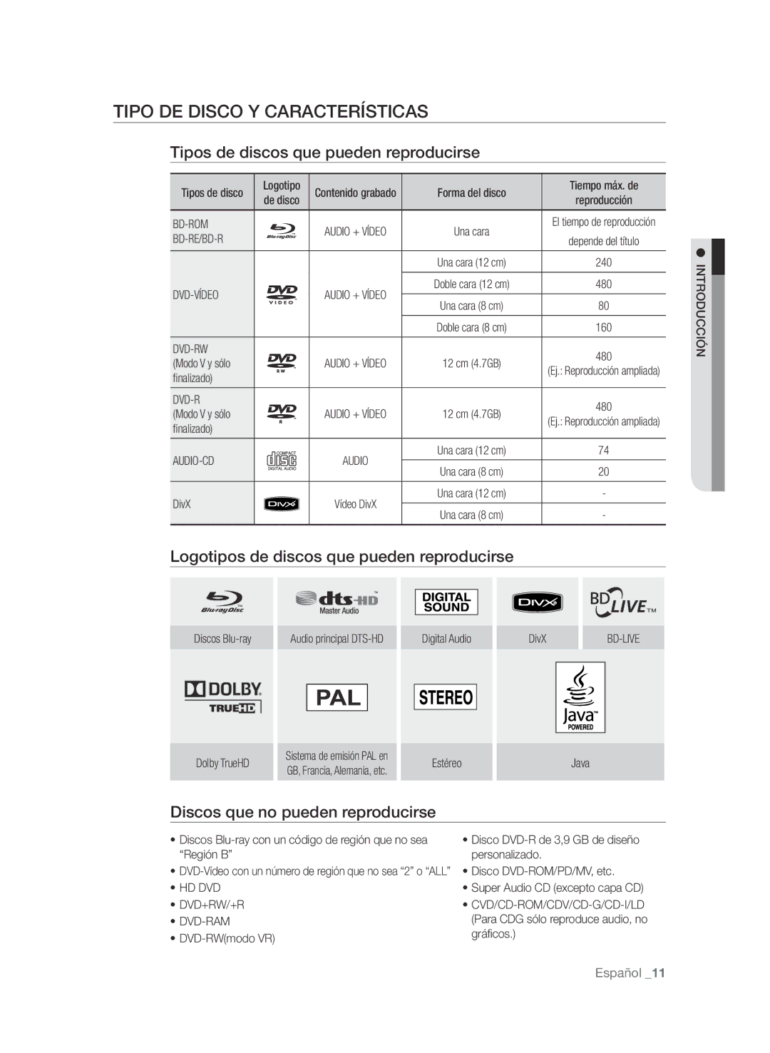 Samsung BD-P1600A/XEC, BD-P1600A/EDC manual Tipo de disco y características, Tipos de discos que pueden reproducirse 