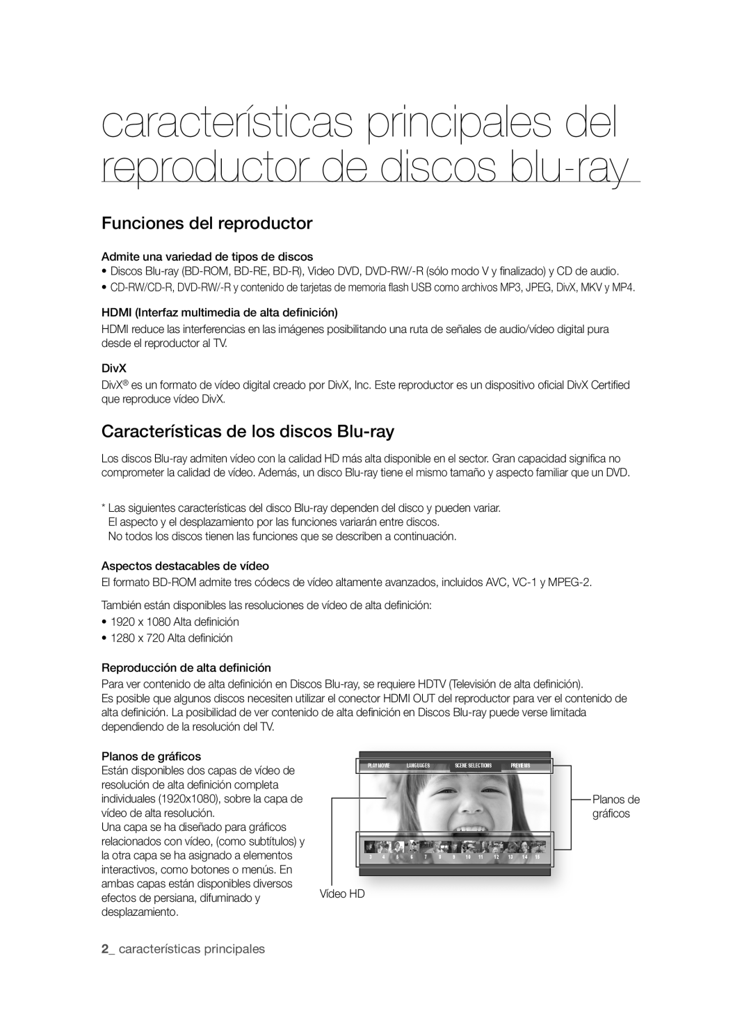 Samsung BD-P1600A/XEC manual Funciones del reproductor, Características de los discos Blu-ray, Características principales 