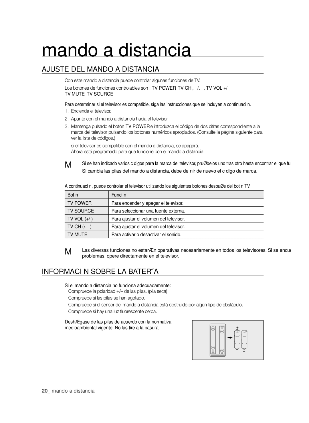 Samsung BD-P1600A/XEC, BD-P1600A/EDC manual Mando a distancia, AjUSte deL MAndO a diStAnciA, InfOrMAciÓn SOBre LA BAterÍA 