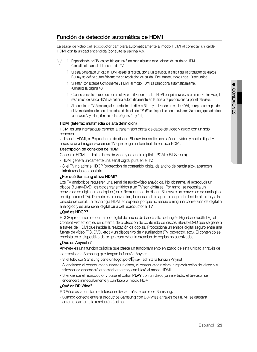 Samsung BD-P1600A/XEC Función de detección automática de Hdmi, Consulte el manual del usuario del TV, ¿Qué es HDCP? 