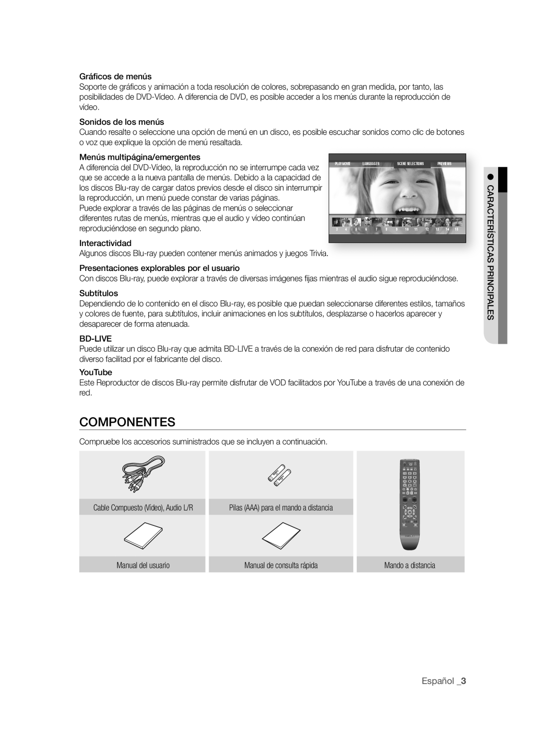 Samsung BD-P1600A/EDC COMPOnenteS, Español, Interactividad, CArActerÍSticAS Presentaciones explorables por el usuario 