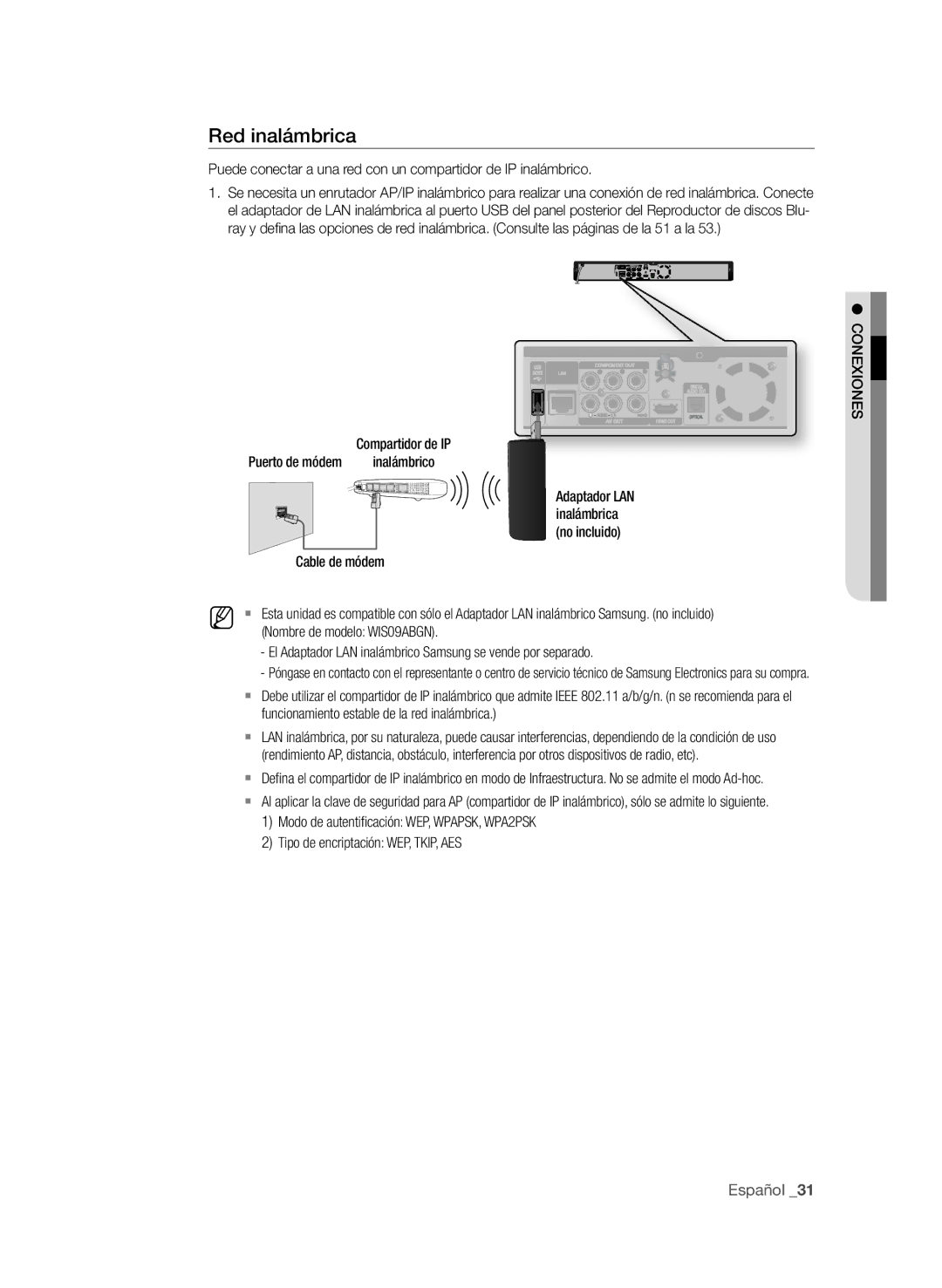 Samsung BD-P1600A/XEF, BD-P1600A/EDC, BD-P1600A/XEC manual Red inalámbrica, Cable de módem, Nombre de modelo WIS09ABGN 