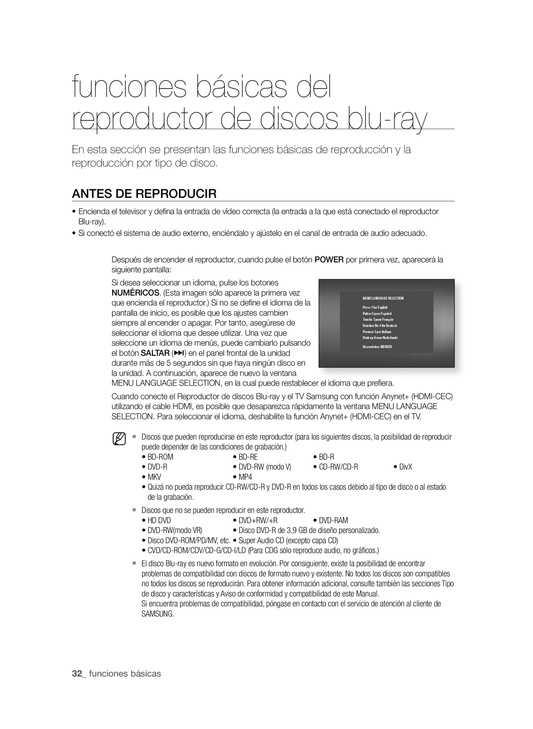 Samsung BD-P1600A/XEC, BD-P1600A/EDC, BD-P1600A/XEF manual AnteS de rePrOdUcir, Funciones básicas 