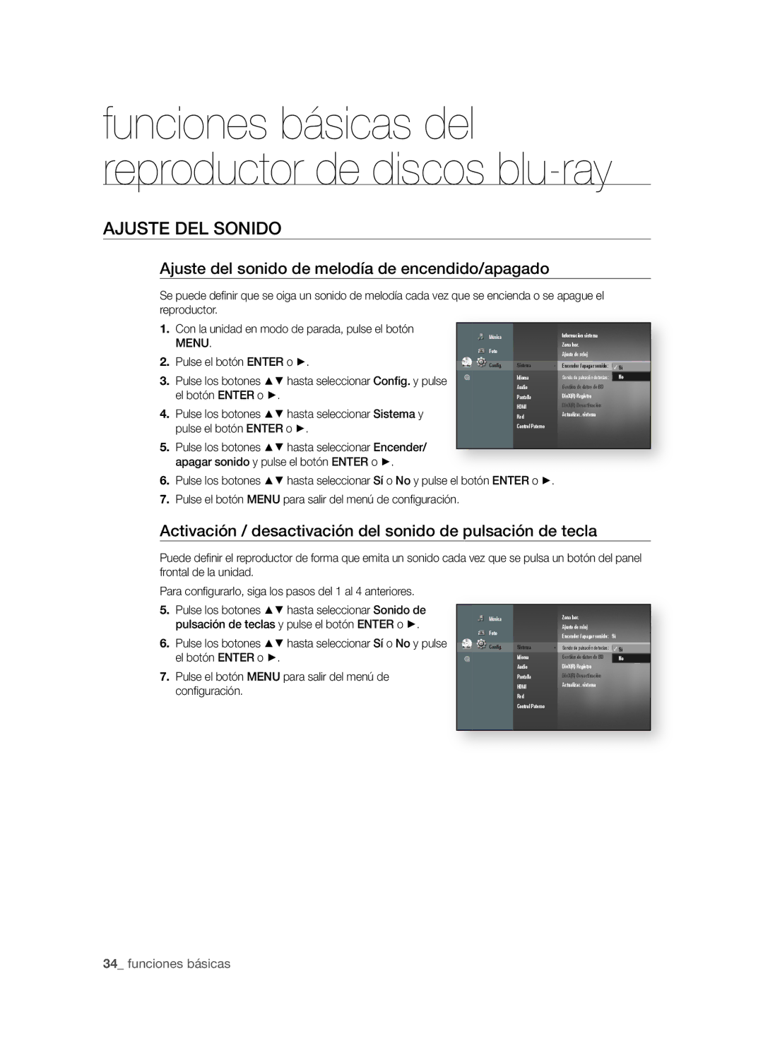 Samsung BD-P1600A/XEF manual AjUSte deL SOnidO, Ajuste del sonido de melodía de encendido/apagado,  funciones básicas 