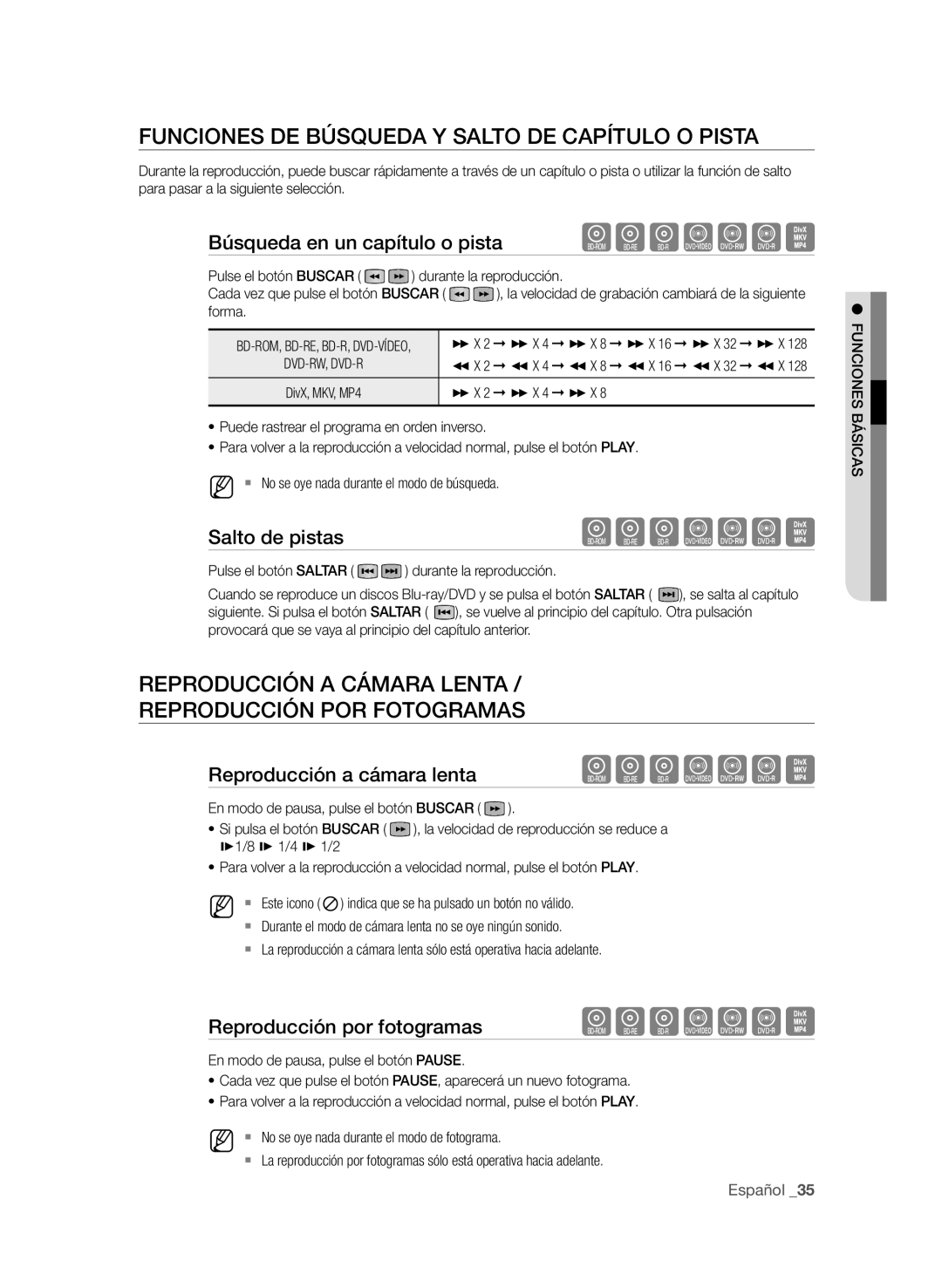 Samsung BD-P1600A/XEC, BD-P1600A/EDC, BD-P1600A/XEF manual Funciones de búsqueda y salto de capítulo o pista 