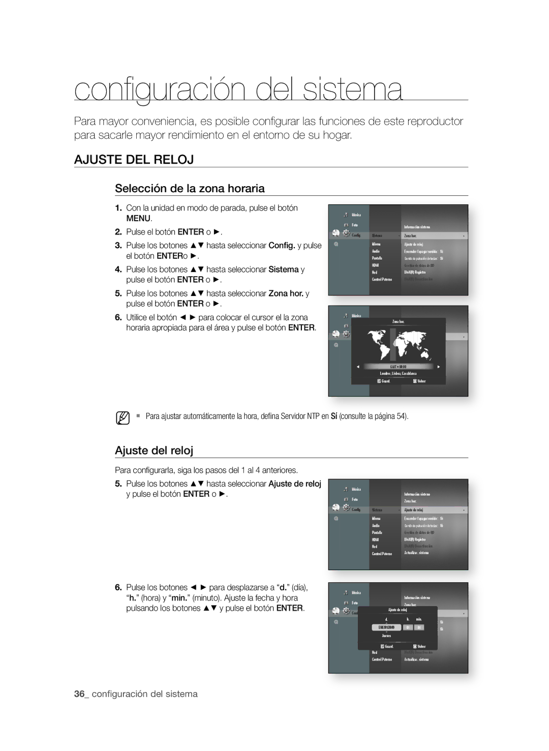 Samsung BD-P1600A/EDC manual Conﬁ guración del sistema, AjUSte deL reLOj, Selección de la zona horaria, Ajuste del reloj 