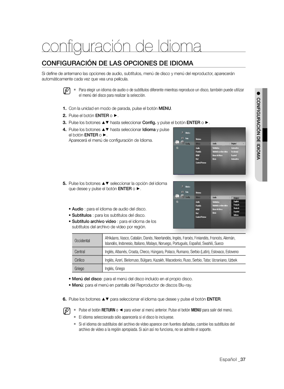 Samsung BD-P1600A/XEF, BD-P1600A/EDC manual Conﬁ guración de Idioma, COnfiGUrAciÓn de LAS OPciOneS de idiOMA, Español 3 