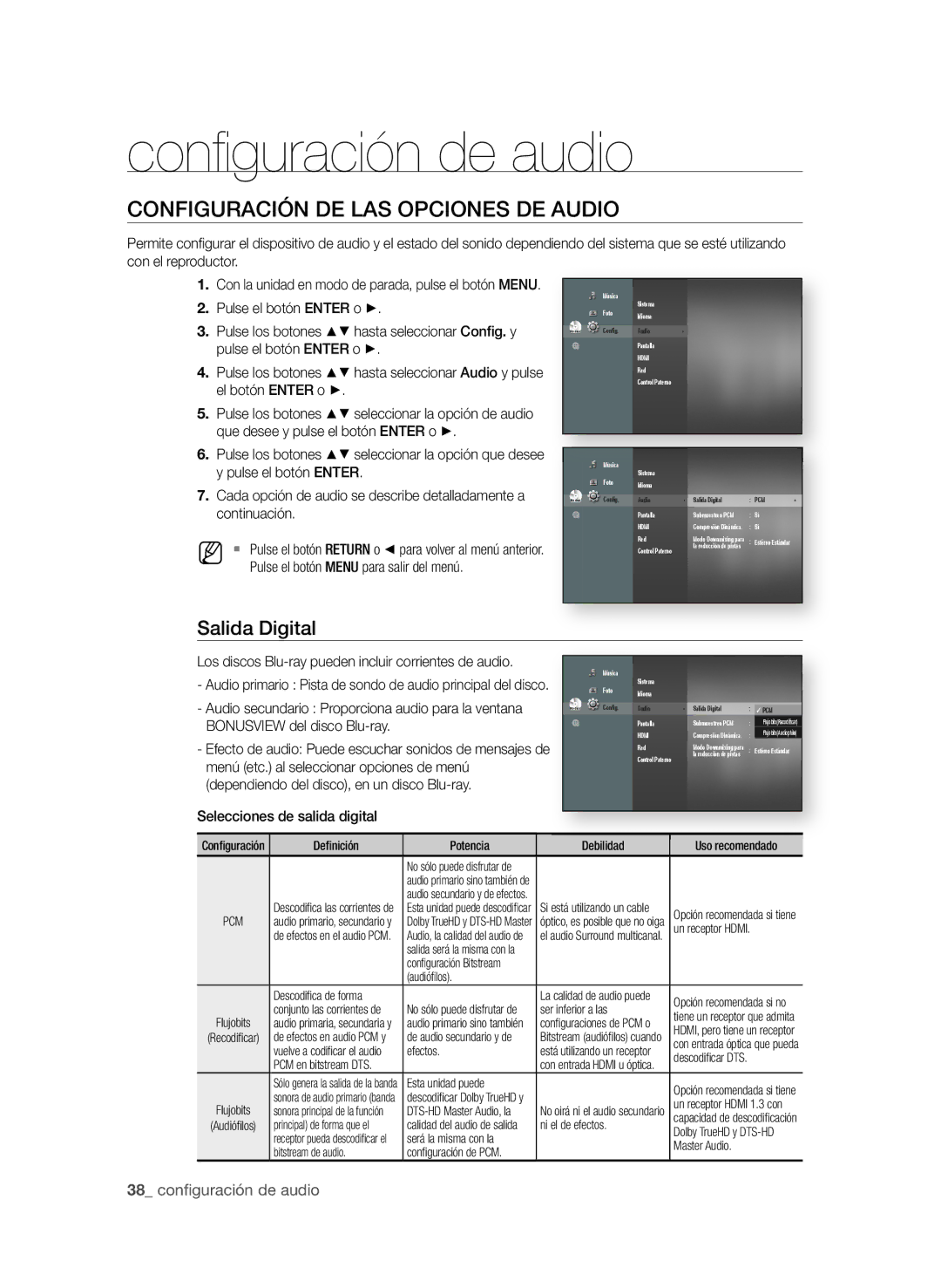 Samsung BD-P1600A/XEC, BD-P1600A/EDC manual Conﬁ guración de audio, COnfiGUrAciÓn de LAS OPciOneS de AUdiO, Salida digital 