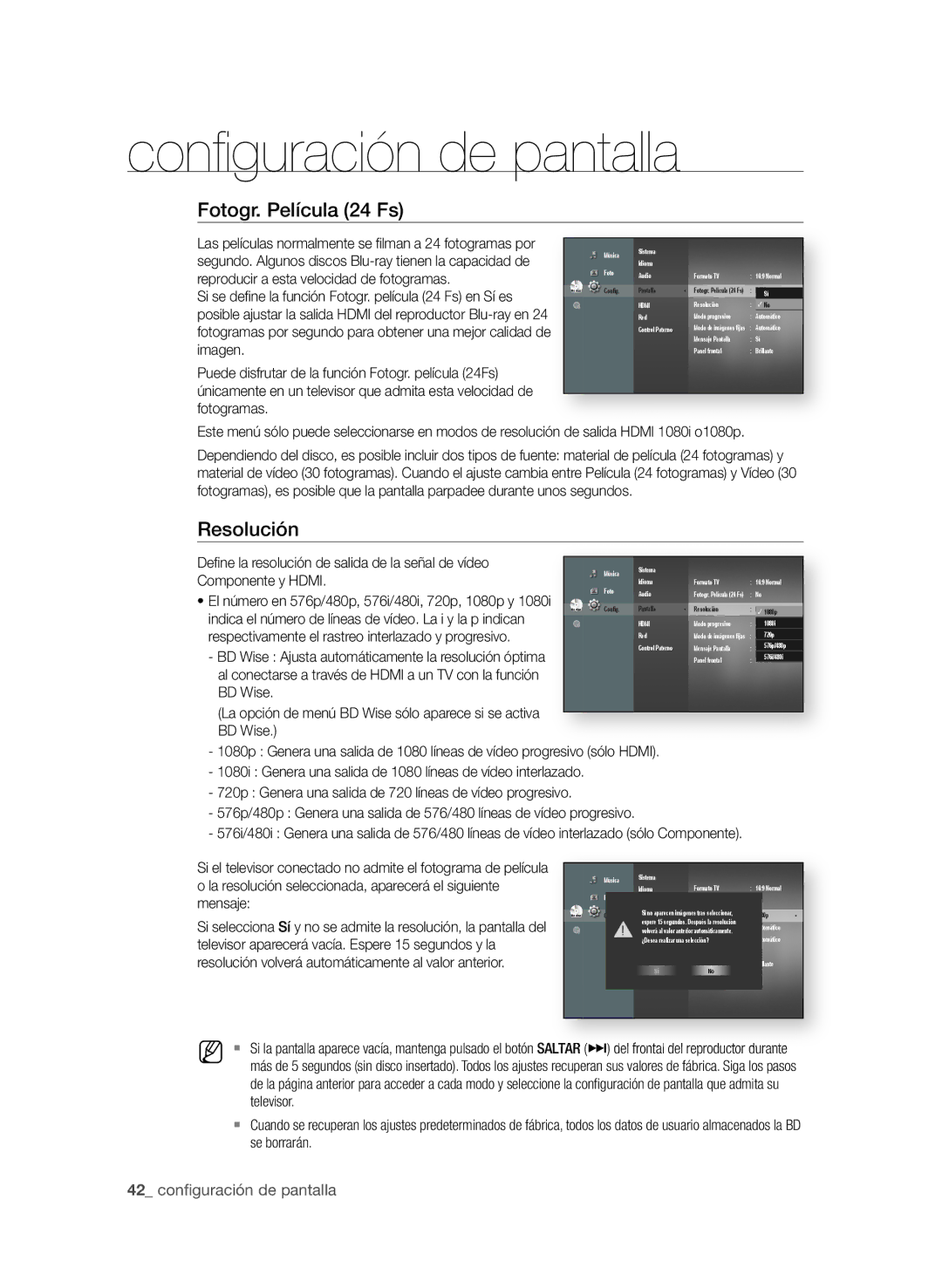 Samsung BD-P1600A/EDC, BD-P1600A/XEF, BD-P1600A/XEC manual Fotogr. Película 24 fs, Resolución, 2 confi guración de pantalla 