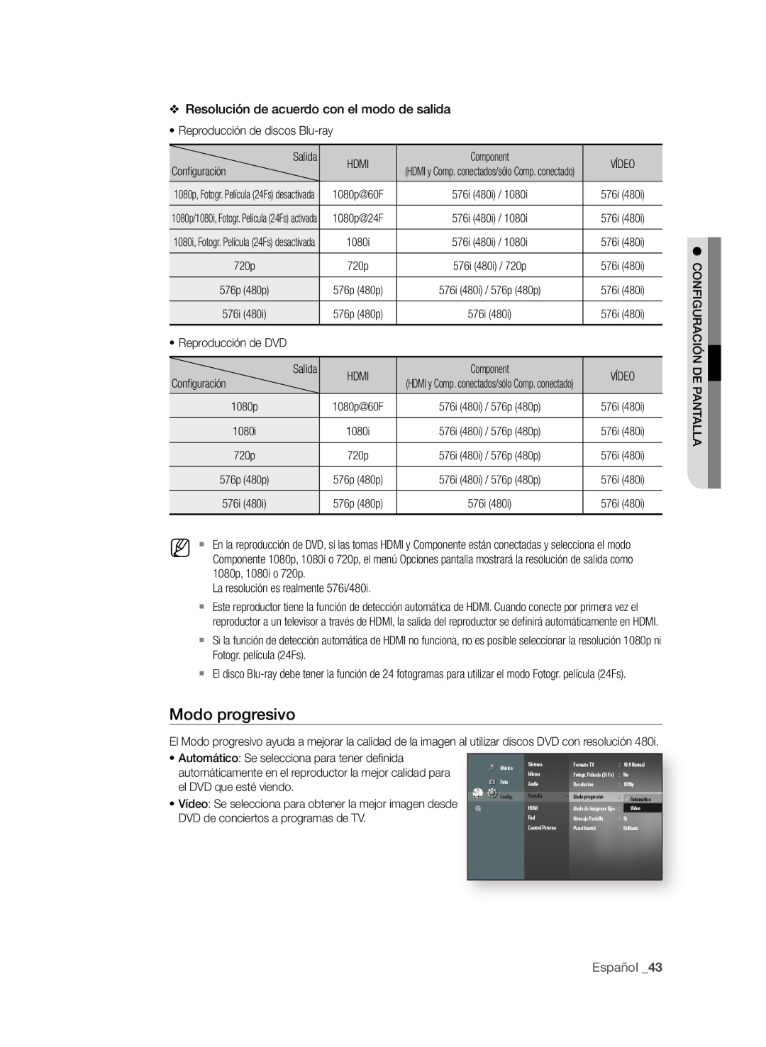 Samsung BD-P1600A/XEF, BD-P1600A/EDC manual Resolución de acuerdo con el modo de salida, Español 3, El DVD que esté viendo 