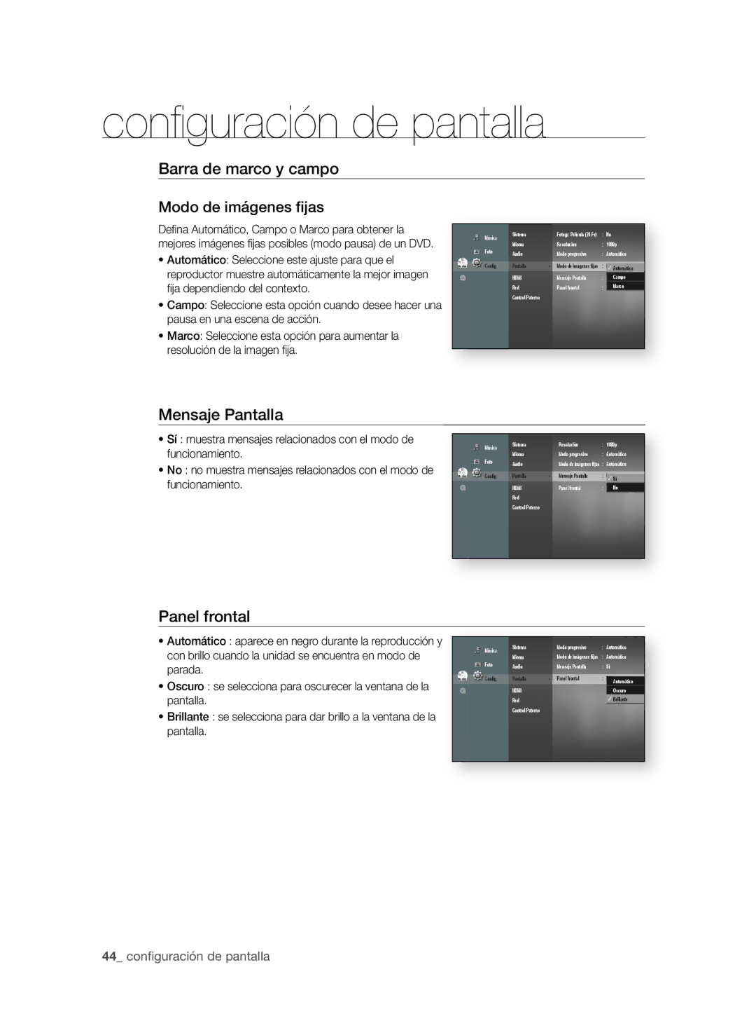 Samsung BD-P1600A/XEC, BD-P1600A/EDC manual Barra de marco y campo Modo de imágenes fi jas, Mensaje Pantalla, Panel frontal 