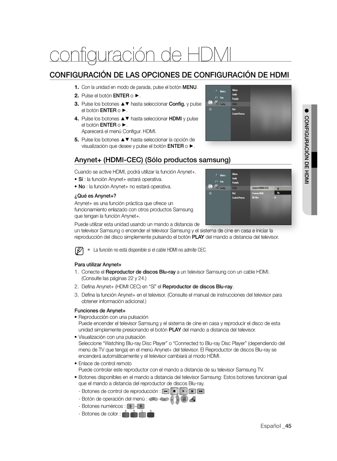 Samsung BD-P1600A/EDC manual Conﬁ guración de Hdmi, COnfiGUrAciÓn de LAS OPciOneS de cOnfiGUrAciÓn de HdMi, Español  