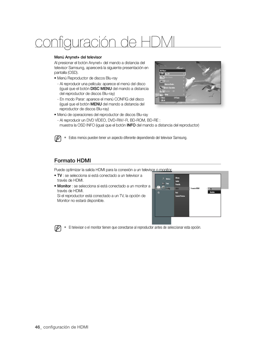 Samsung BD-P1600A/XEF manual  confi guración de Hdmi, Tv se selecciona si está conectado a un televisor a, Través de Hdmi 