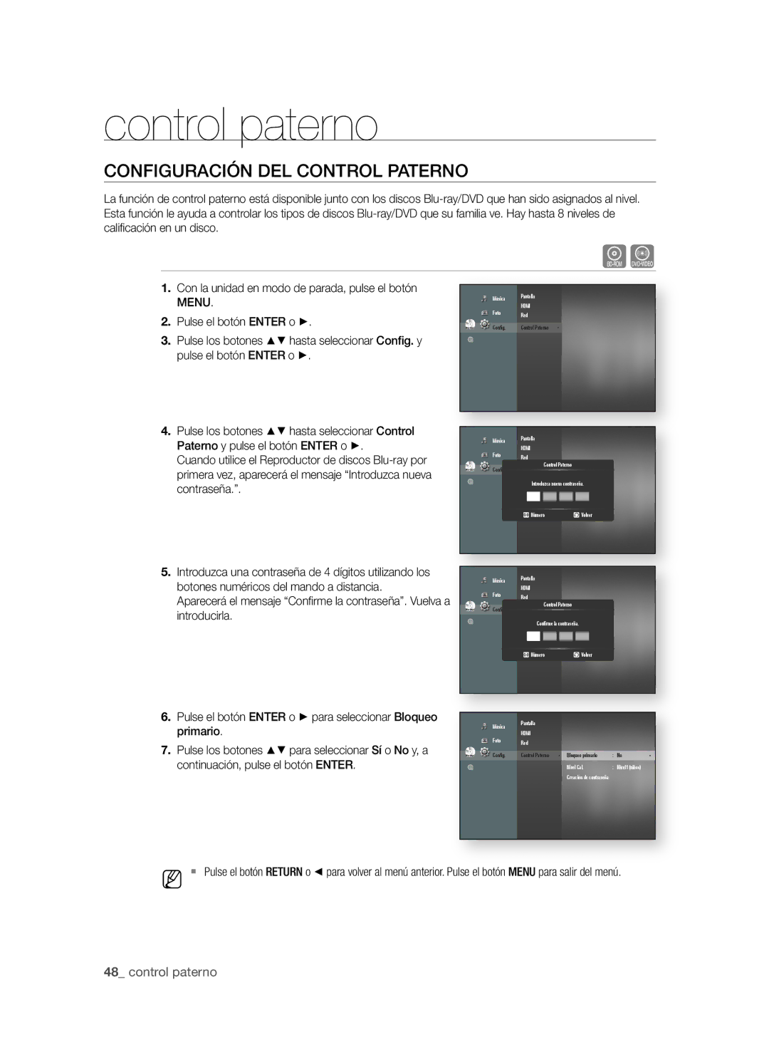 Samsung BD-P1600A/EDC, BD-P1600A/XEF, BD-P1600A/XEC Control paterno, COnfiGUrAciÓn deL cOntrOL PAternO,  control paterno 