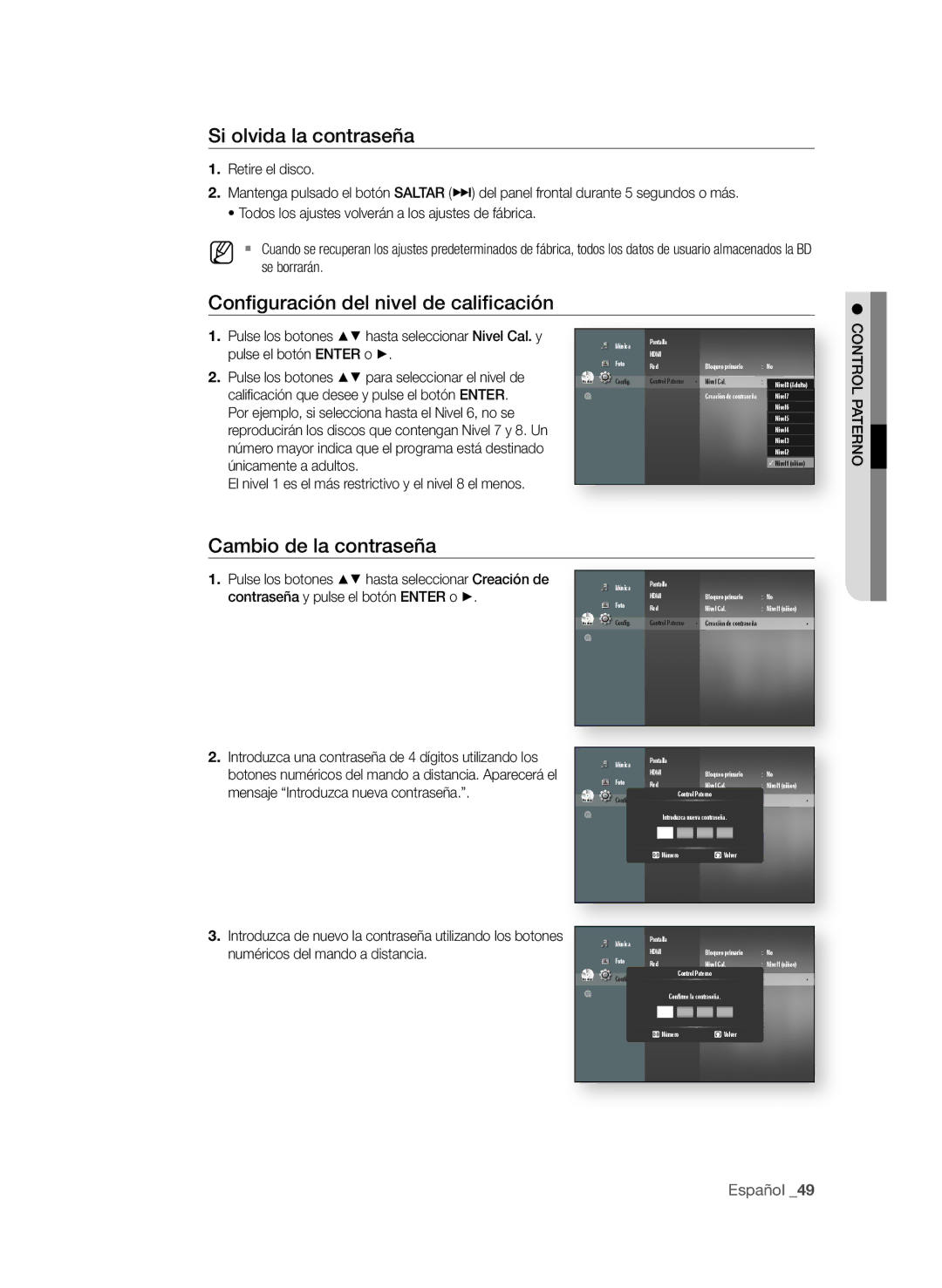 Samsung BD-P1600A/XEF manual Si olvida la contraseña, Confi guración del nivel de califi cación, Cambio de la contraseña 