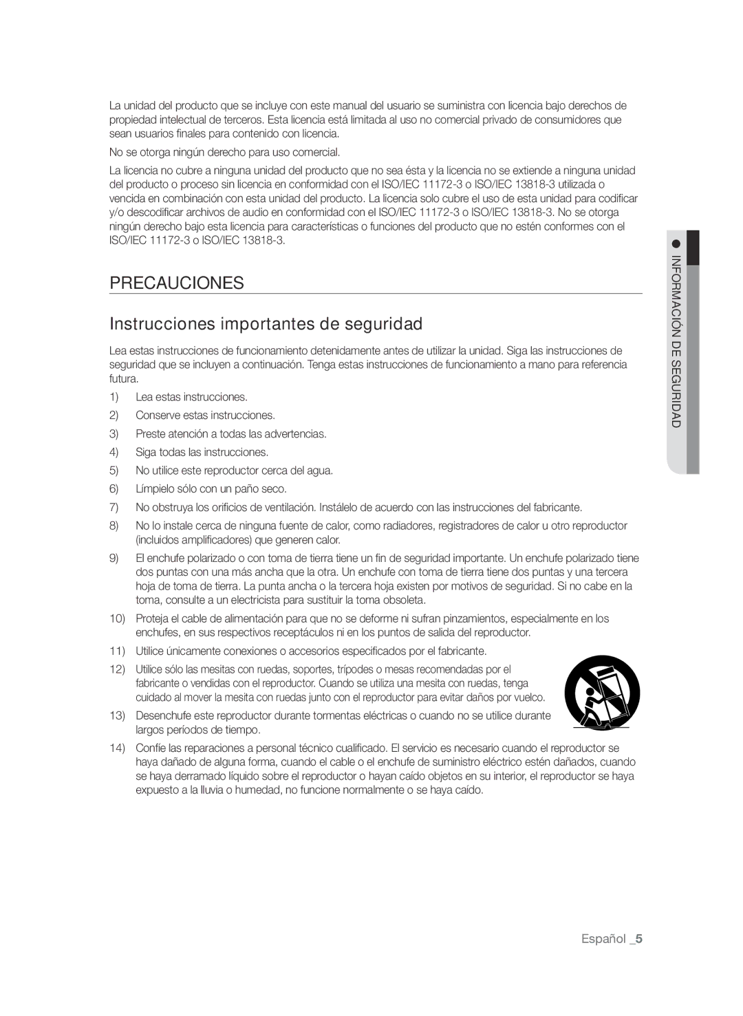 Samsung BD-P1600A/XEC manual Precauciones Instrucciones importantes de seguridad, Español , Da rid egus nódeci rmao Inf 