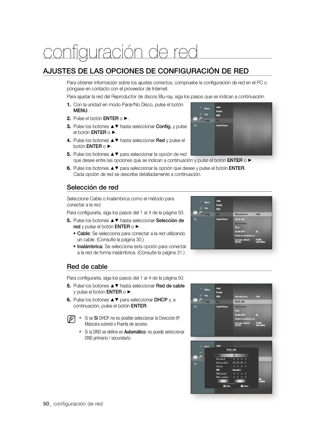 Samsung BD-P1600A/XEC manual Conﬁ guración de red, AjUSteS de LAS OPciOneS de cOnfiGUrAciÓn de red, Selección de red 