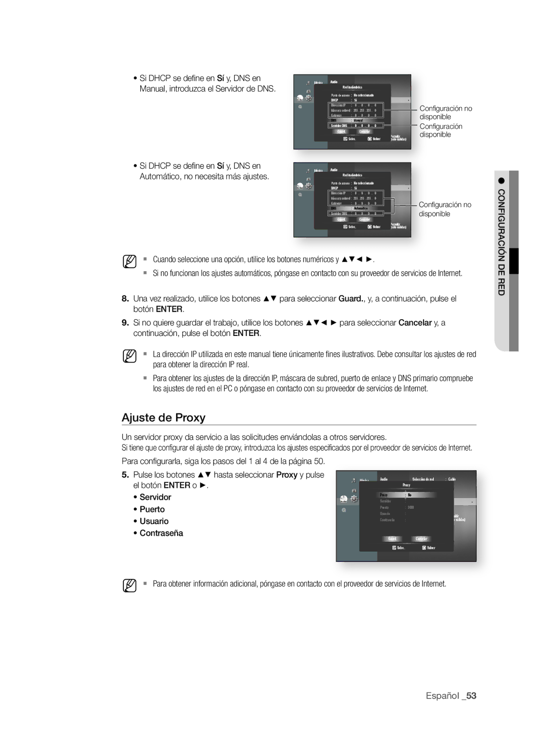 Samsung BD-P1600A/XEC, BD-P1600A/EDC, BD-P1600A/XEF manual Ajuste de Proxy, Servidor, Puerto, Usuario, Contraseña 