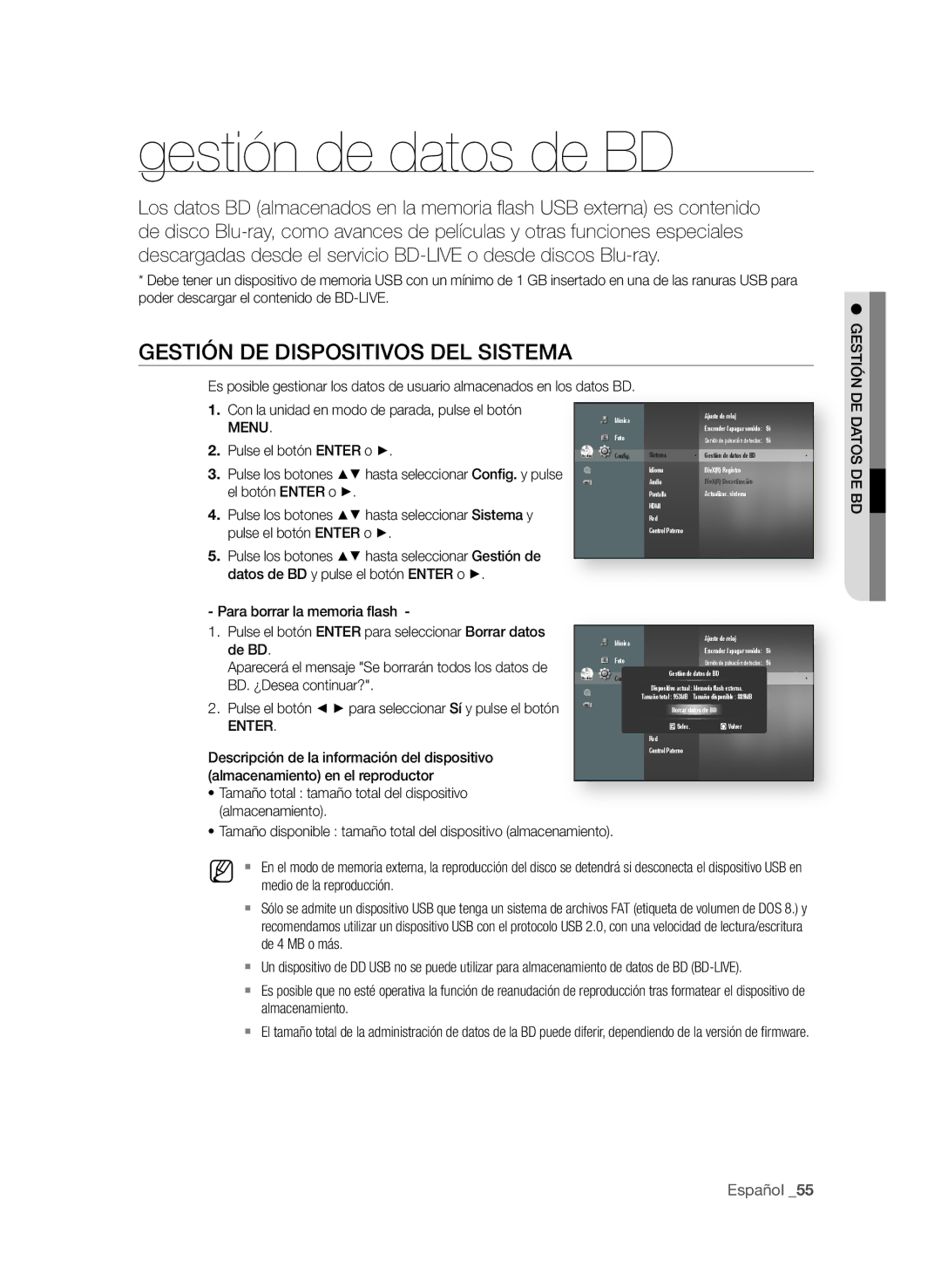 Samsung BD-P1600A/XEF, BD-P1600A/EDC Gestión de datos de BD, GeStiÓn de diSPOSitivOS deL SiSteMA, BD. ¿Desea continuar? 