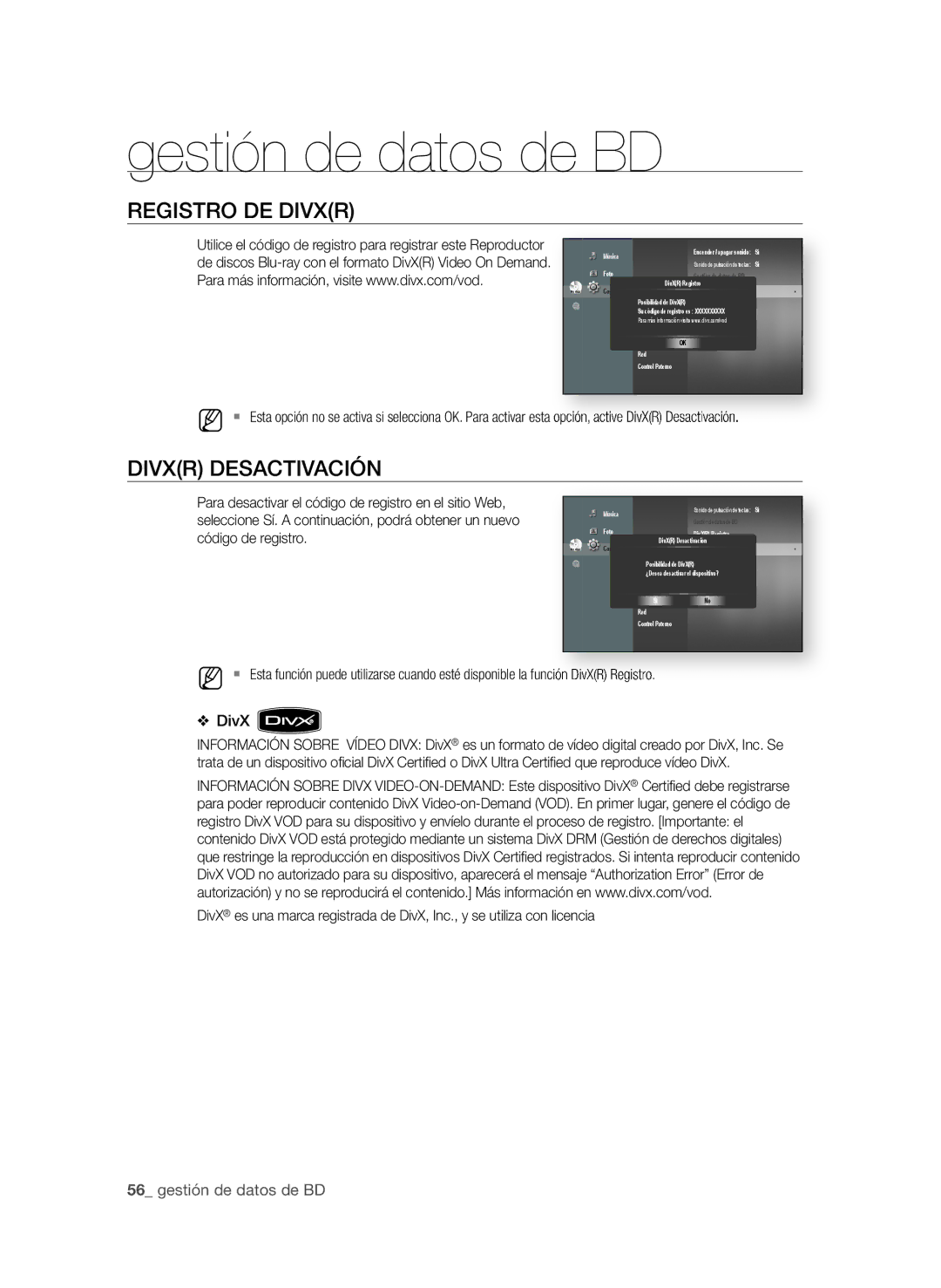 Samsung BD-P1600A/XEC, BD-P1600A/EDC, BD-P1600A/XEF manual ReGiStrO de divXr, DivXr deSActivAciÓn,  gestión de datos de BD 
