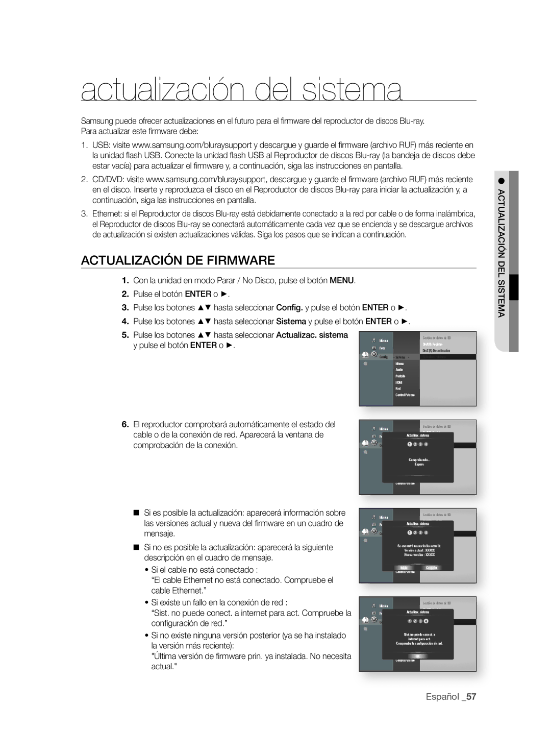 Samsung BD-P1600A/EDC, BD-P1600A/XEF, BD-P1600A/XEC manual Actualización del sistema, ActUALizAciÓn de firMWAre 