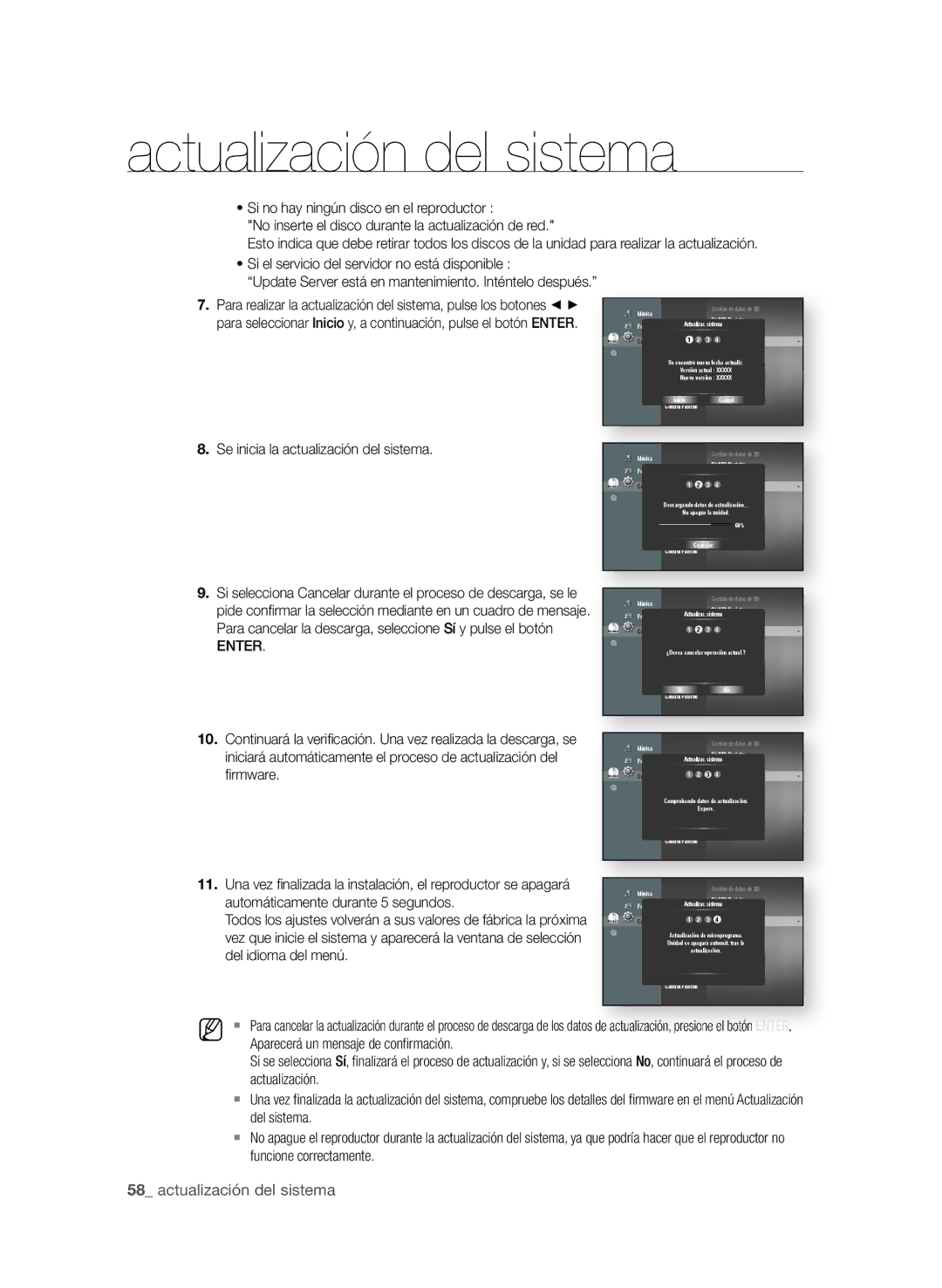 Samsung BD-P1600A/XEF  actualización del sistema, Fi rmware, Automáticamente durante 5 segundos, Del idioma del menú 