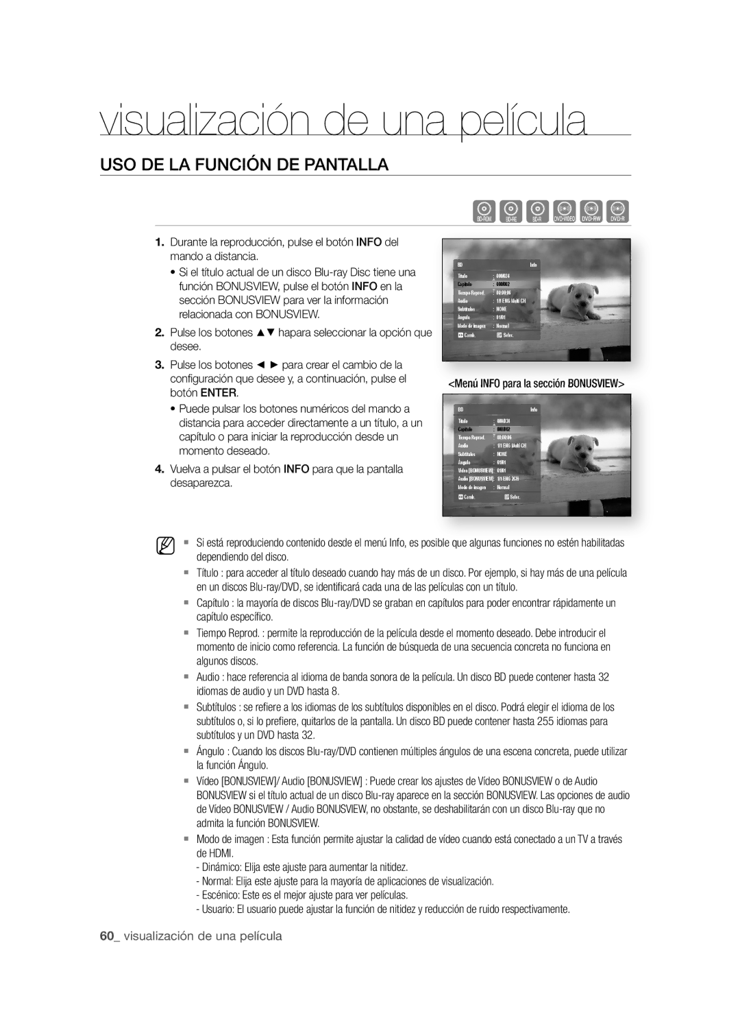 Samsung BD-P1600A/EDC manual Visualización de una película, USO de LA fUnciÓn de PAntALLA, 0 visualización de una película 