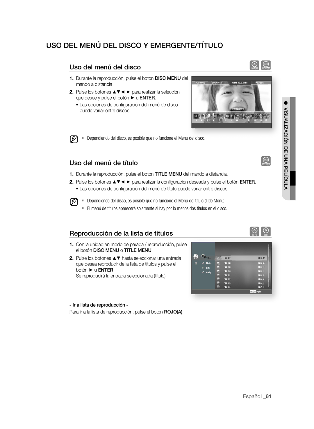 Samsung BD-P1600A/XEF manual USO deL Menú deL diScO y eMerGente/tÍtULO, Uso del menú del disco, Uso del menú de título 