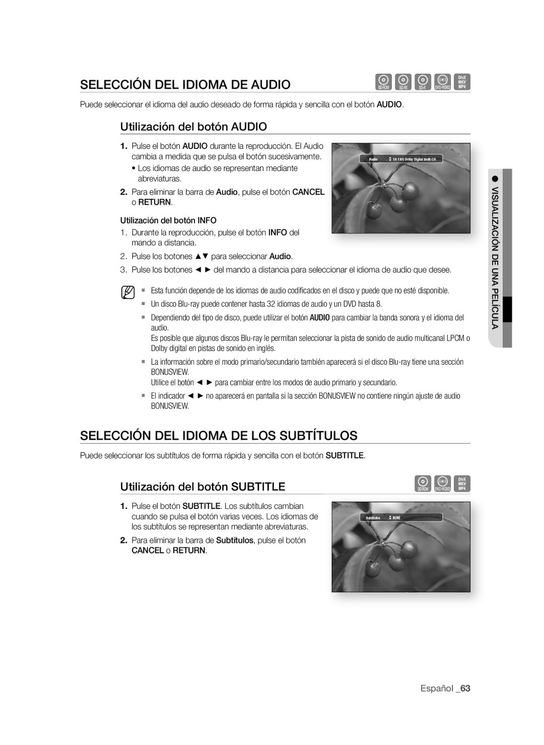 Samsung BD-P1600A/EDC SeLecciÓn deL idiOMA de AUdiO, SeLecciÓn deL idiOMA de LOS SUBtÍtULOS, Utilización del botón AUdiO 