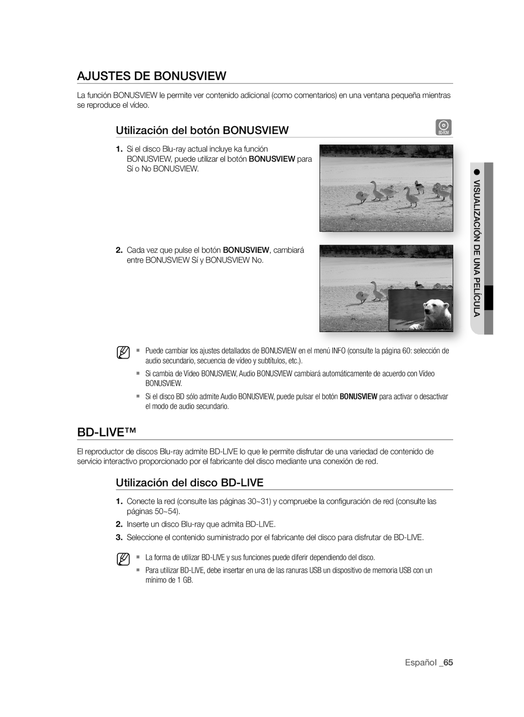 Samsung BD-P1600A/XEC manual AjUSteS de BOnUSvieW, Utilización del botón BOnUSvieW, Utilización del disco Bd-Live 