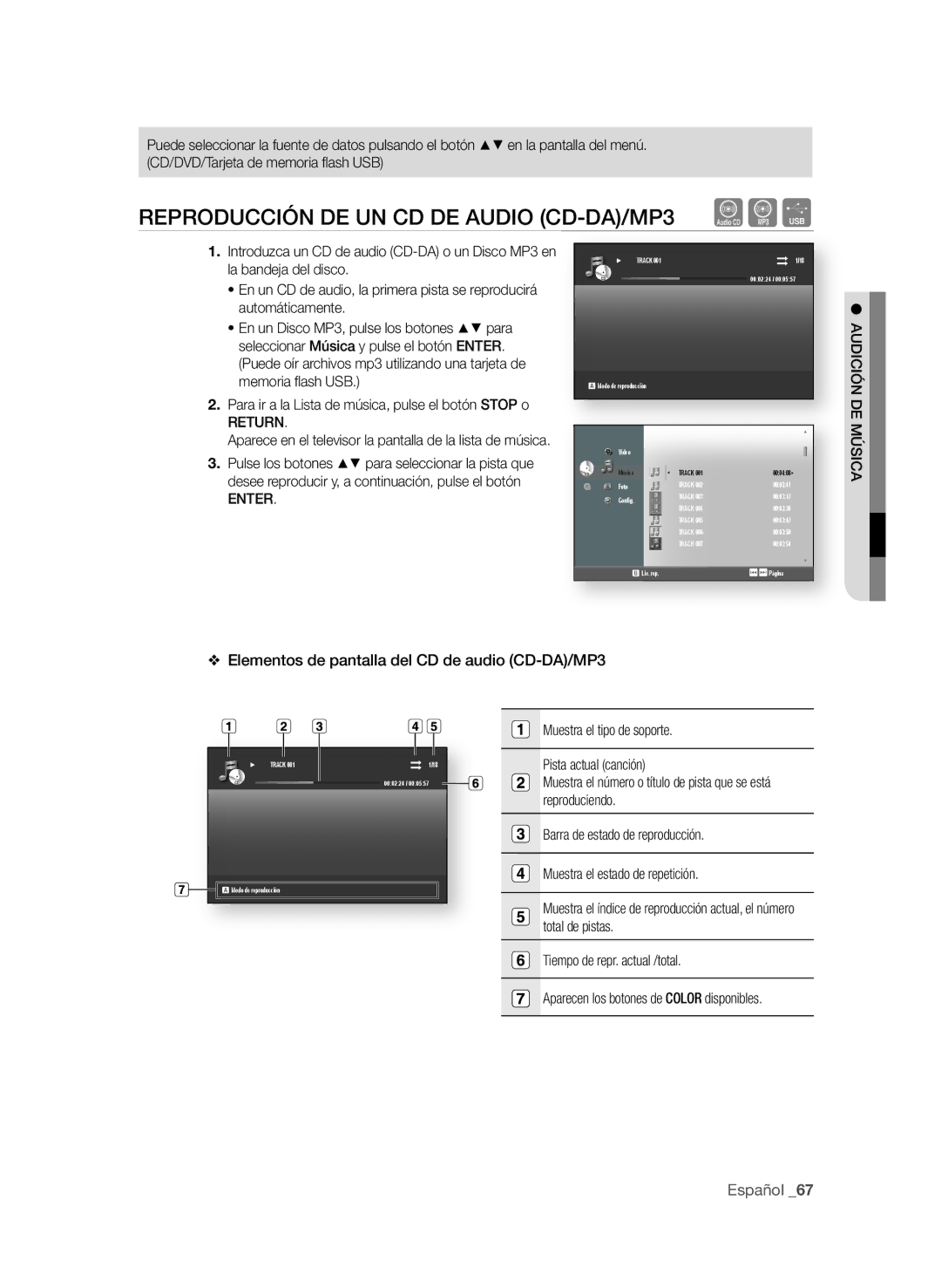 Samsung BD-P1600A/XEF manual RePrOdUcciÓn de Un cd de AUdiO cd-dA/MP3, Elementos de pantalla del cd de audio cd-dA/MP3 