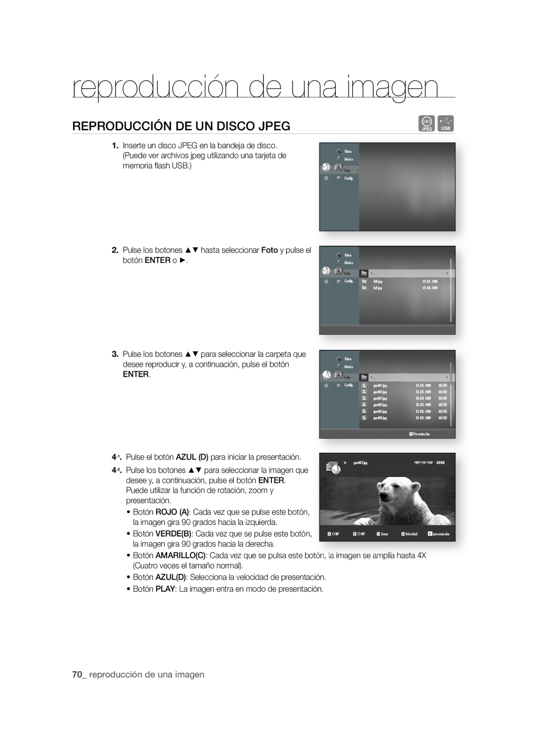 Samsung BD-P1600A/XEF manual Reproducción de una imagen, RePrOdUcciÓn de Un diScO jPeG, 0 reproducción de una imagen 