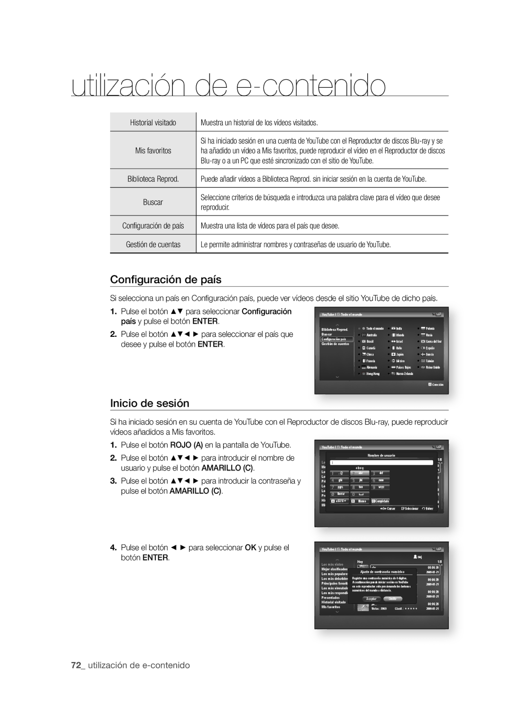 Samsung BD-P1600A/EDC, BD-P1600A/XEF Confi guración de país, Inicio de sesión, 2 utilización de e-contenido, Reproducir 