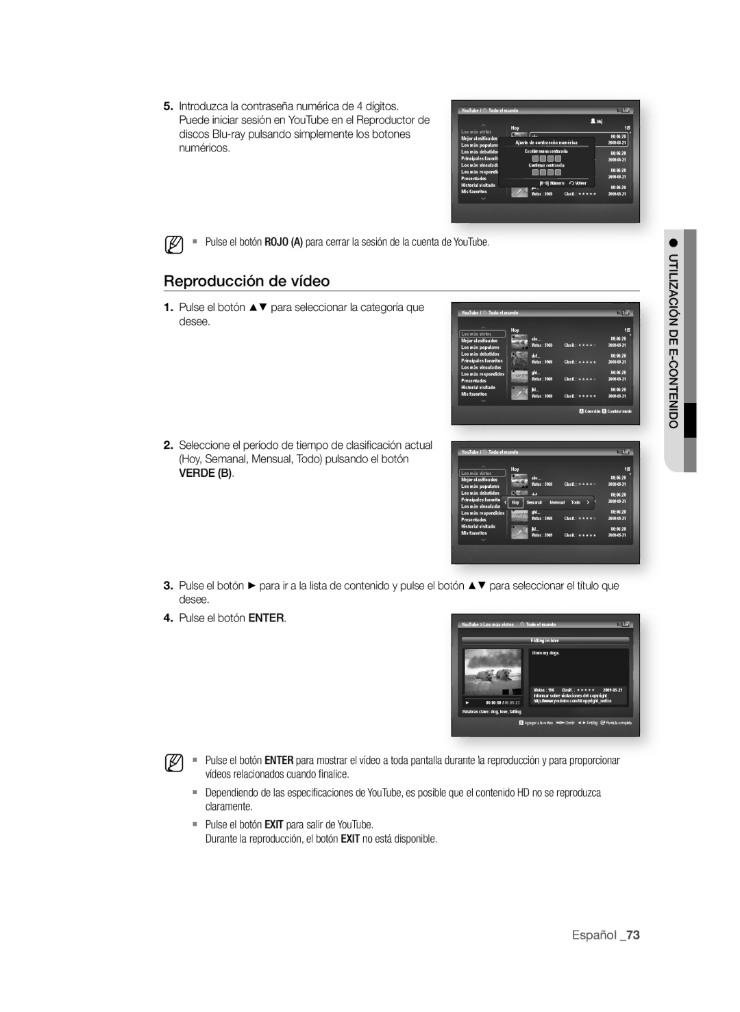 Samsung BD-P1600A/XEF, BD-P1600A/EDC manual Reproducción de vídeo, Pulse el botón $% para seleccionar la categoría que desee 