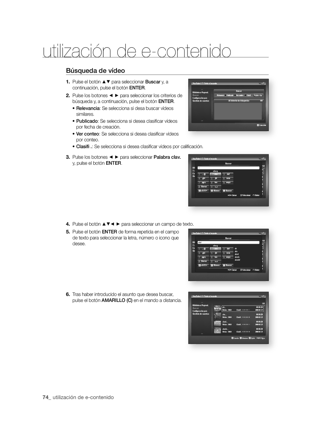 Samsung BD-P1600A/XEC Búsqueda de vídeo,  utilización de e-contenido, Pulse el botón $% para seleccionar Buscar y, a 