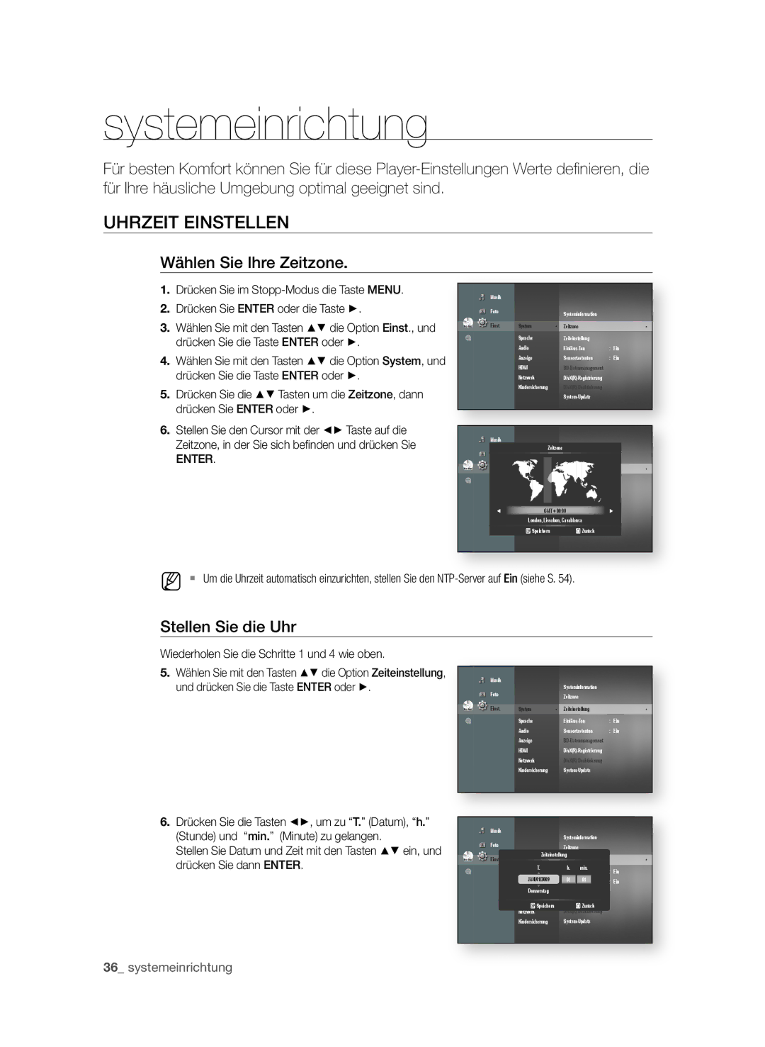 Samsung BD-P1600A/EDC, BD-P1600A/XEF Systemeinrichtung, UhRzEIt EInStELLEn, Wählen Sie Ihre zeitzone, Stellen Sie die uhr 