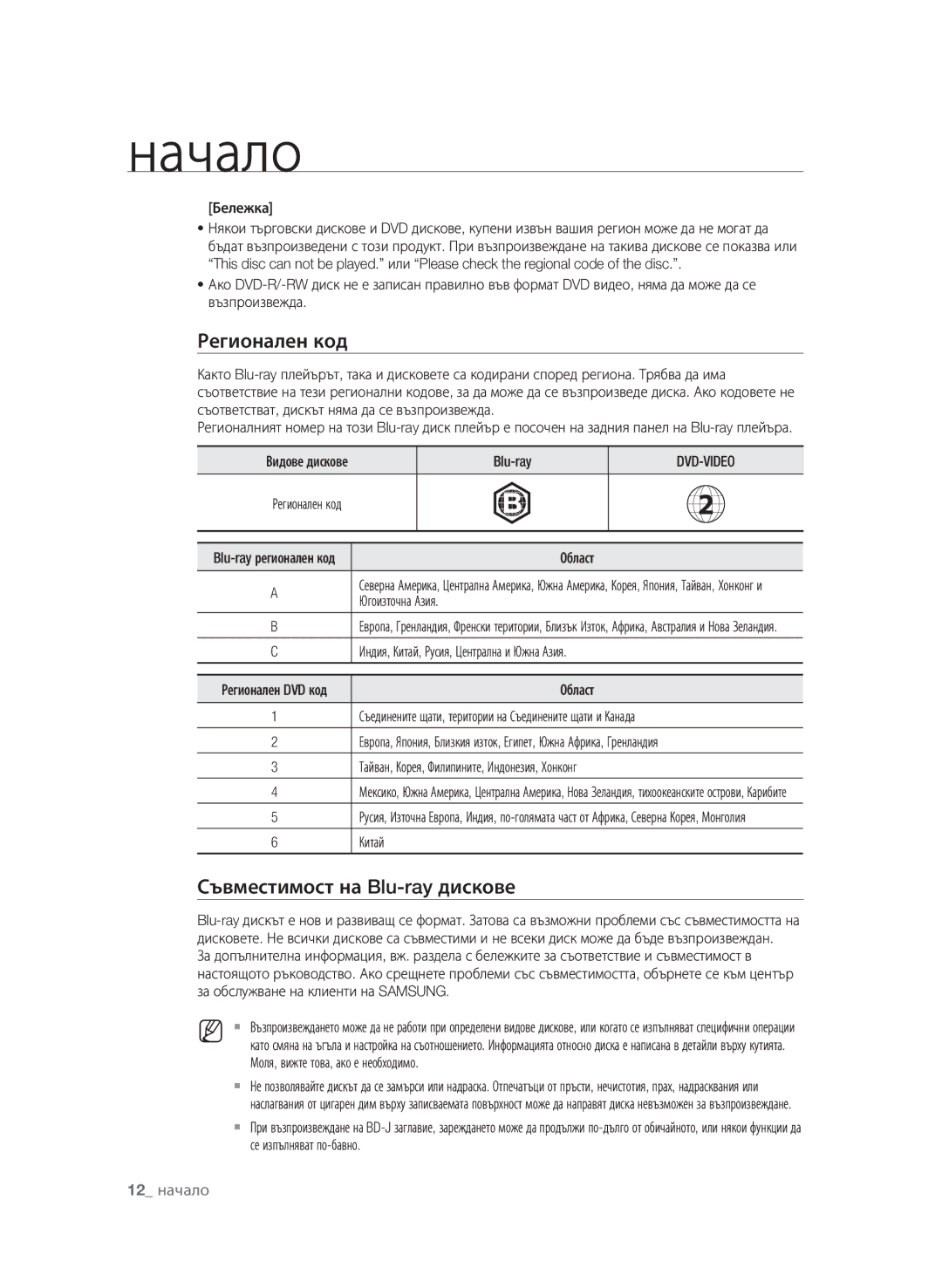 Samsung BD-P1600A/EDC manual Регионален код, Съвместимост на Blu-ray дискове, 12 начало 